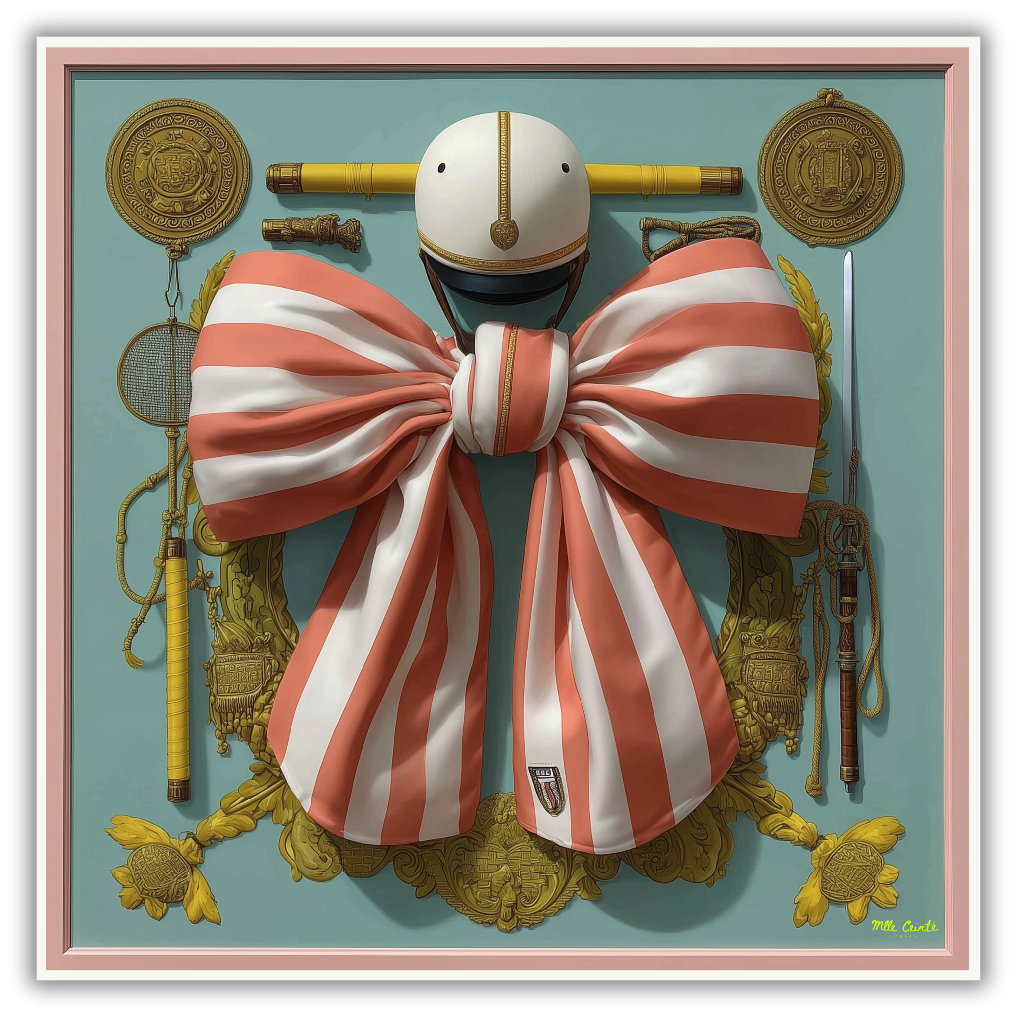 Mlle Ceinté Paris silk scarf, large coral and white striped ribbon bow, riding helmet, vintage tennis racket and fencing sword on teal background.
