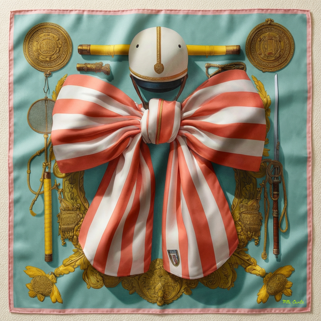 Mlle Ceinté Paris silk scarf, large coral and white striped ribbon bow, riding helmet, vintage tennis racket and fencing sword on teal background.