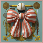 Mlle Ceinté Paris silk scarf, large coral and white striped ribbon bow, riding helmet, vintage tennis racket and fencing sword on teal background.
