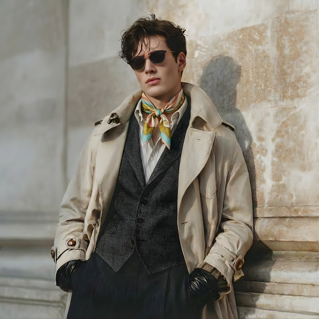 Mlle Ceinté Paris silk scarf, large coral and white striped ribbon bow, riding helmet, vintage tennis racket and fencing sword on teal background.