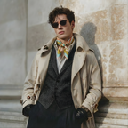 Mlle Ceinté Paris silk scarf, large coral and white striped ribbon bow, riding helmet, vintage tennis racket and fencing sword on teal background.