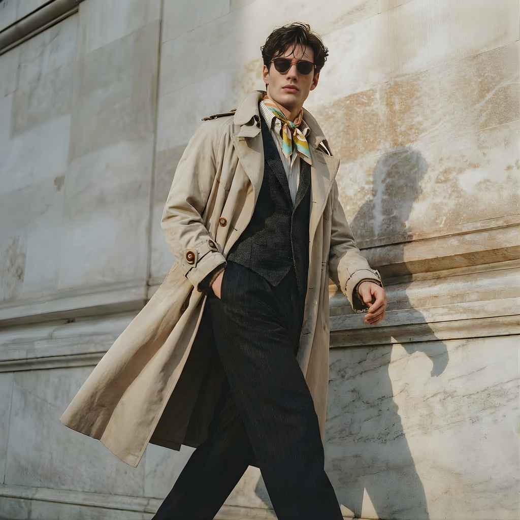 Mlle Ceinté Paris silk scarf, large coral and white striped ribbon bow, riding helmet, vintage tennis racket and fencing sword on teal background.