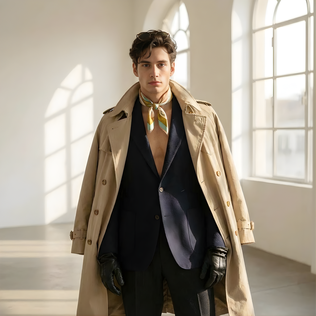 Mlle Ceinté Paris silk scarf, large coral and white striped ribbon bow, riding helmet, vintage tennis racket and fencing sword on teal background.