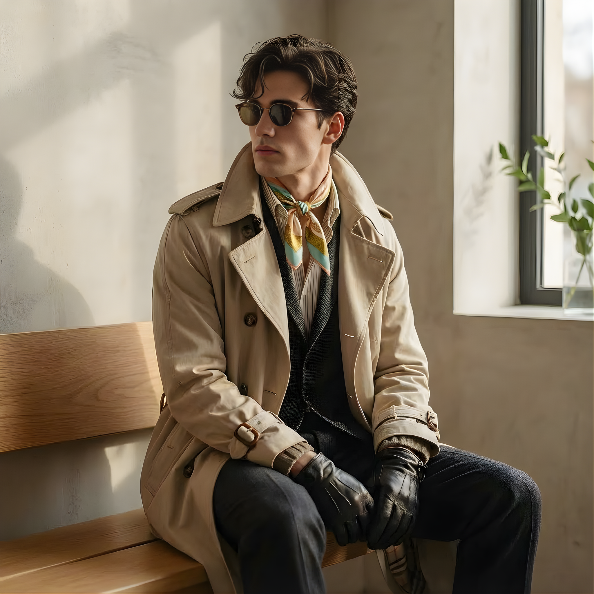 Mlle Ceinté Paris silk scarf, large coral and white striped ribbon bow, riding helmet, vintage tennis racket and fencing sword on teal background.