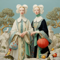 Mlle Ceinté Paris silk scarf, Renaissance style women figures print, surreal landscape beige and blue silk square, hand-rolled hem.
