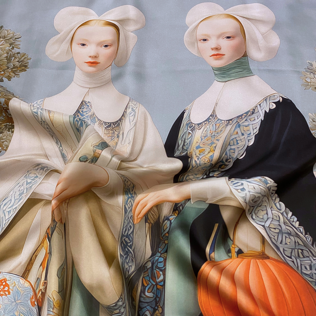 Mlle Ceinté Paris silk scarf, Renaissance style women figures print, surreal landscape beige and blue silk square, hand-rolled hem.