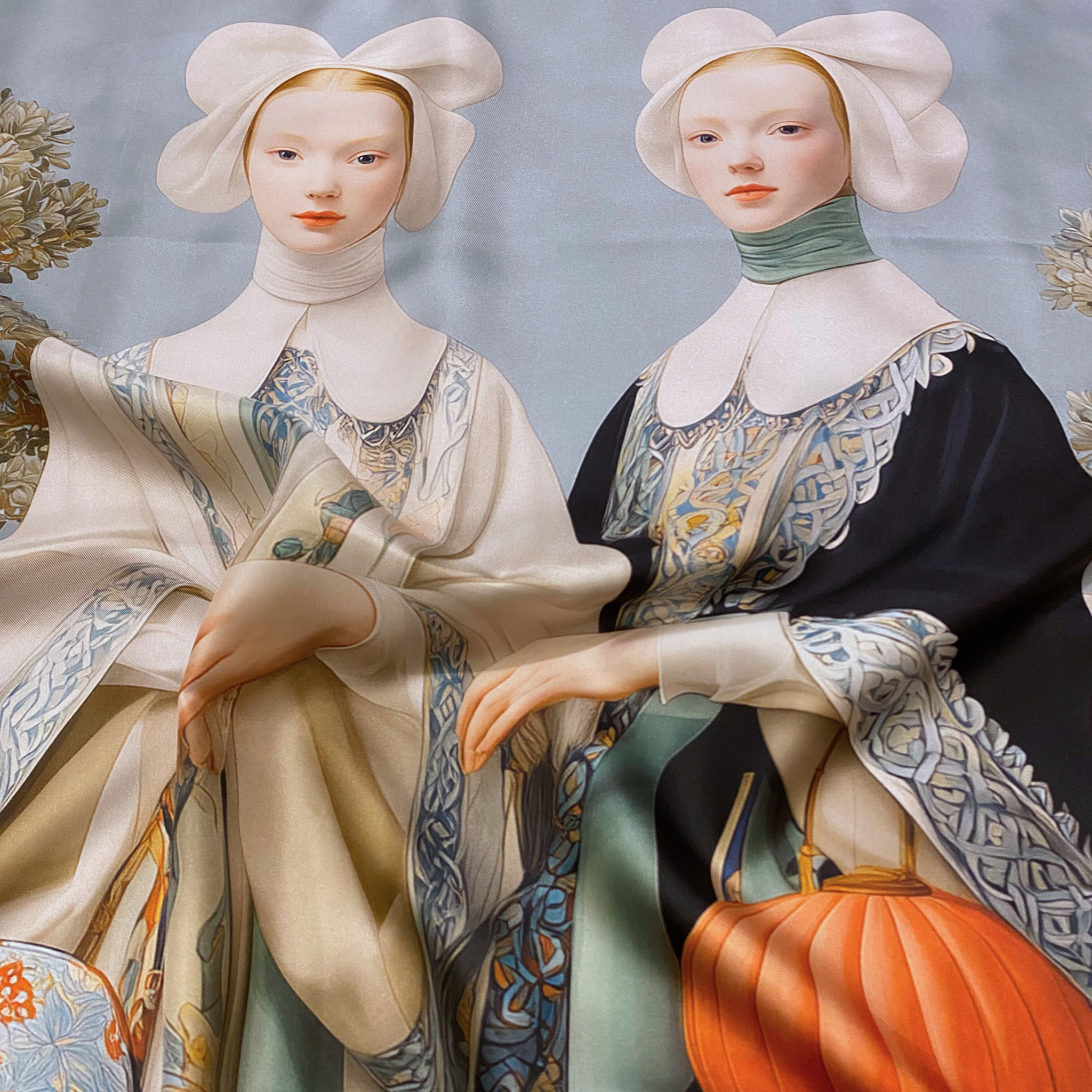 Mlle Ceinté Paris silk scarf, Renaissance style women figures print, surreal landscape beige and blue silk square, hand-rolled hem.