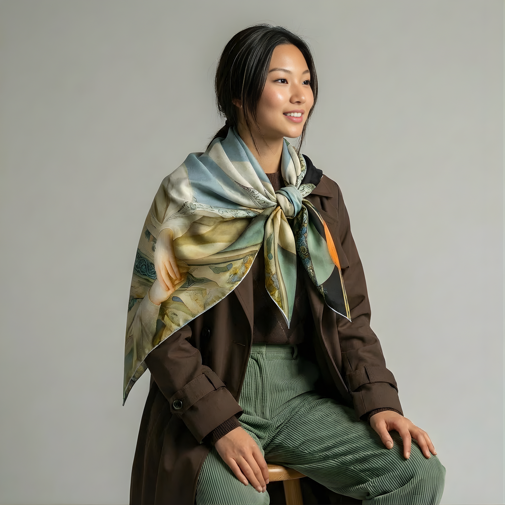 Mlle Ceinté Paris silk scarf, Renaissance style women figures print, surreal landscape beige and blue silk square, hand-rolled hem.