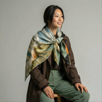 Mlle Ceinté Paris silk scarf, Renaissance style women figures print, surreal landscape beige and blue silk square, hand-rolled hem.