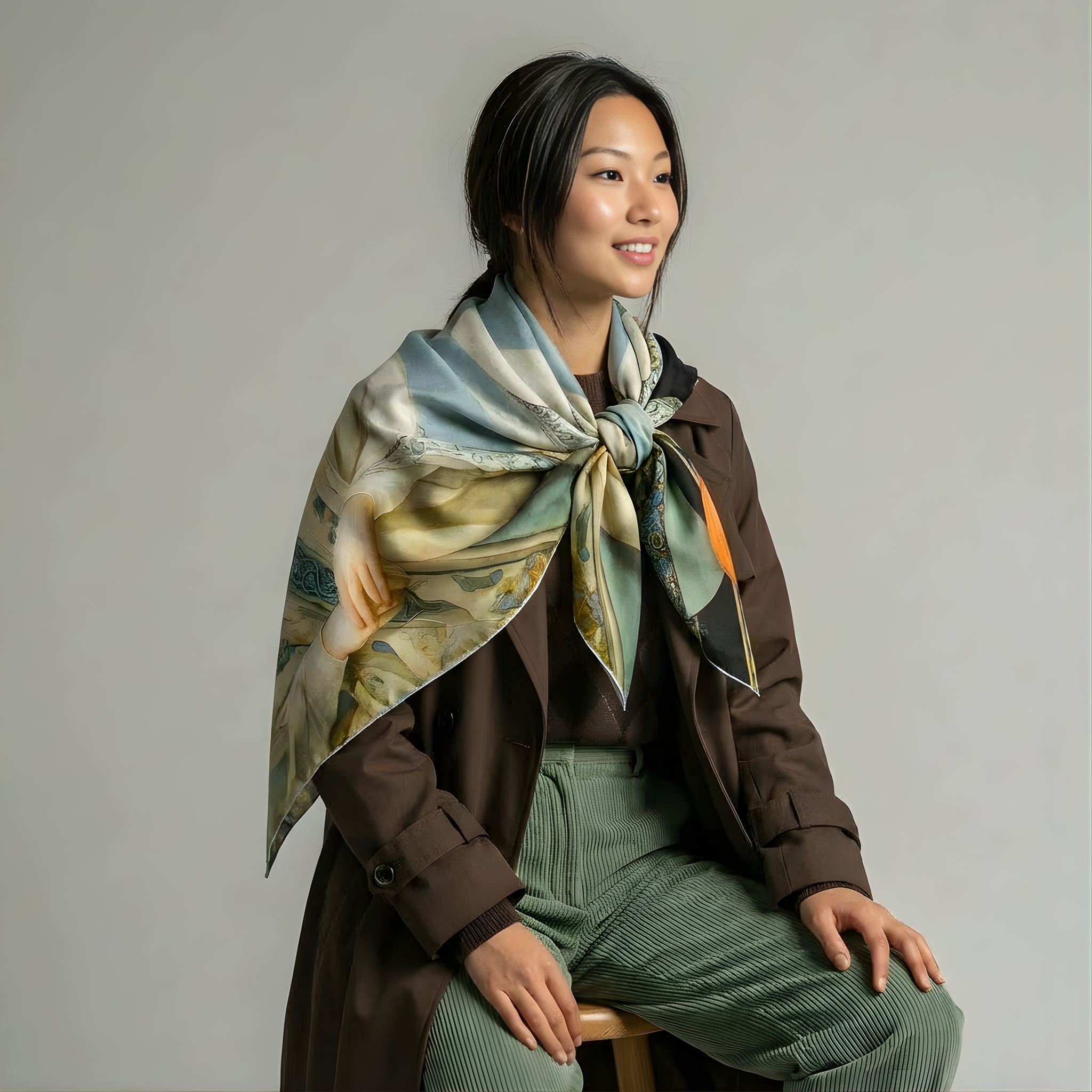 Mlle Ceinté Paris silk scarf, Renaissance style women figures print, surreal landscape beige and blue silk square, hand-rolled hem.