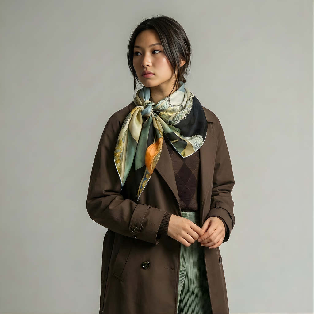 Mlle Ceinté Paris silk scarf, Renaissance style women figures print, surreal landscape beige and blue silk square, hand-rolled hem.