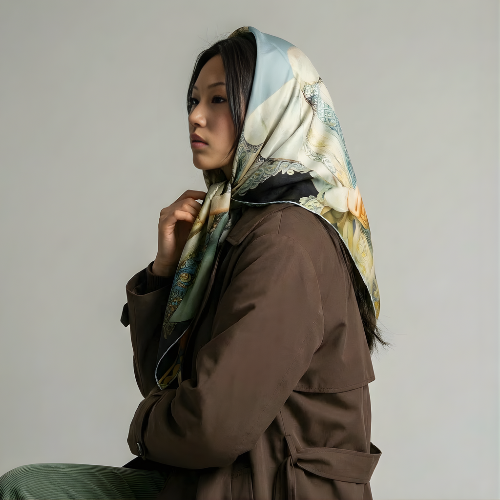 Mlle Ceinté Paris silk scarf, Renaissance style women figures print, surreal landscape beige and blue silk square, hand-rolled hem.