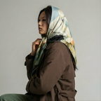 Mlle Ceinté Paris silk scarf, Renaissance style women figures print, surreal landscape beige and blue silk square, hand-rolled hem.