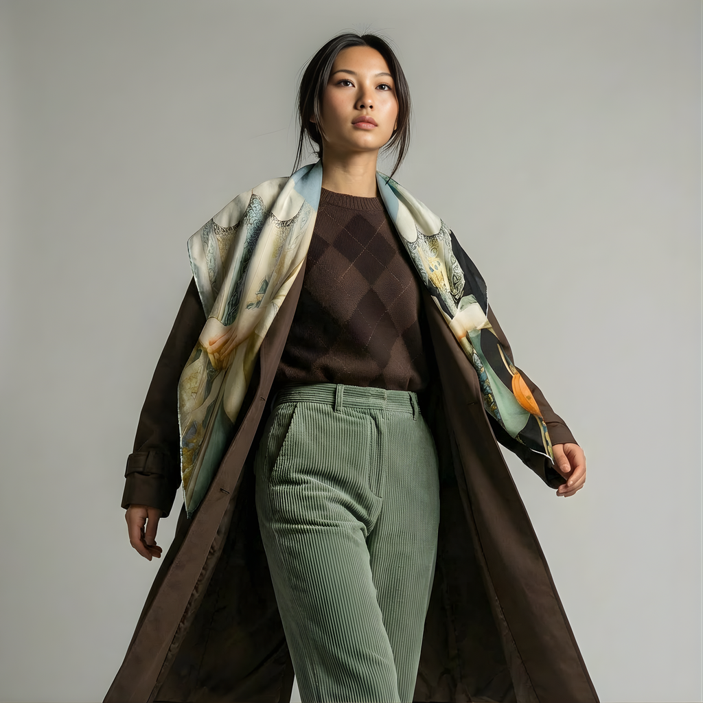 Mlle Ceinté Paris silk scarf, Renaissance style women figures print, surreal landscape beige and blue silk square, hand-rolled hem.