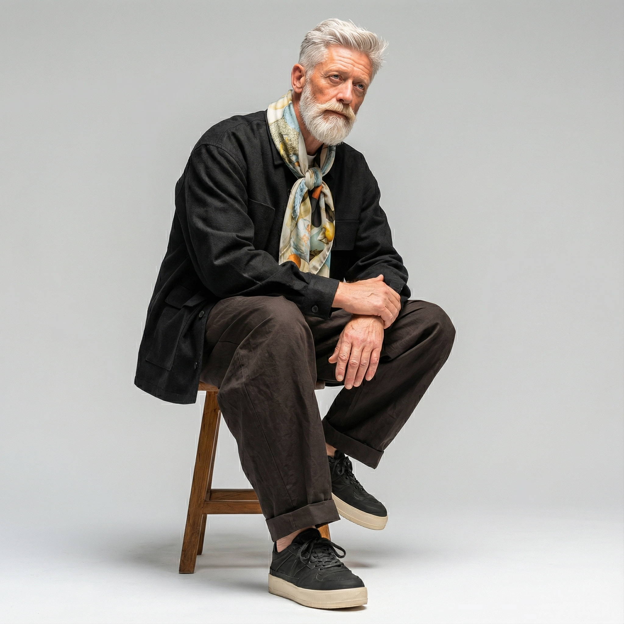 Mlle Ceinté Paris silk scarf, Renaissance style women figures print, surreal landscape beige and blue silk square, hand-rolled hem.