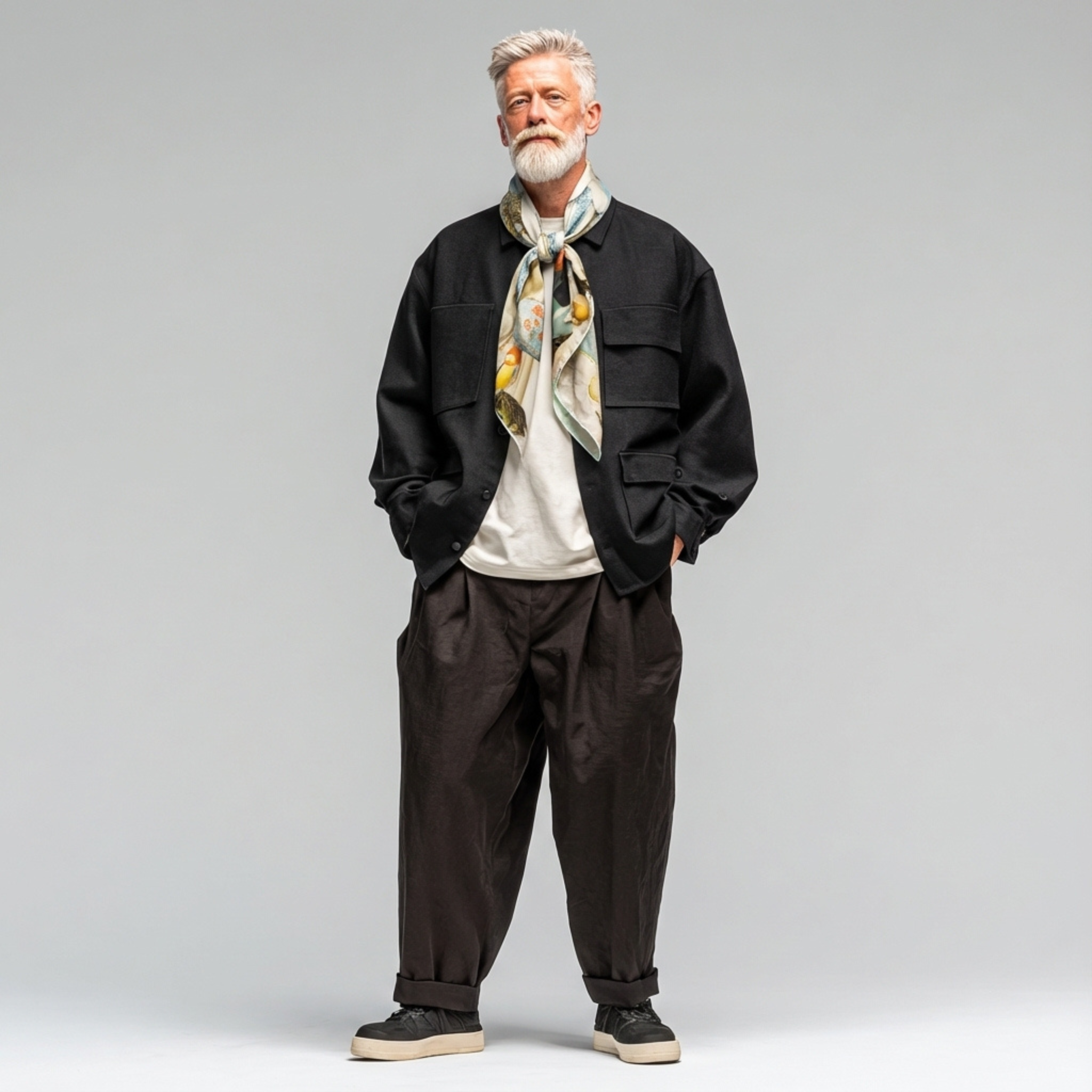 Mlle Ceinté Paris silk scarf, Renaissance style women figures print, surreal landscape beige and blue silk square, hand-rolled hem.