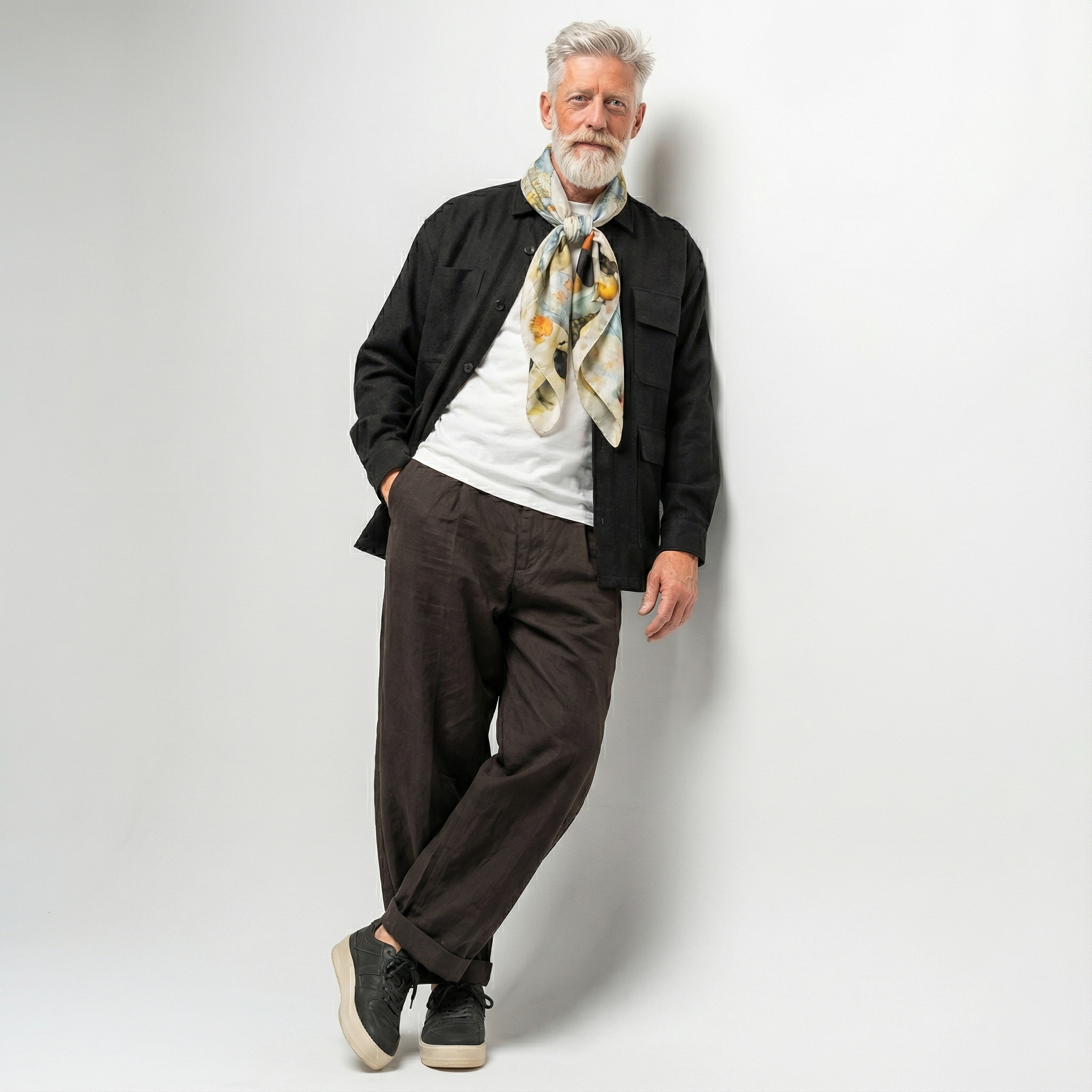 Mlle Ceinté Paris silk scarf, Renaissance style women figures print, surreal landscape beige and blue silk square, hand-rolled hem.