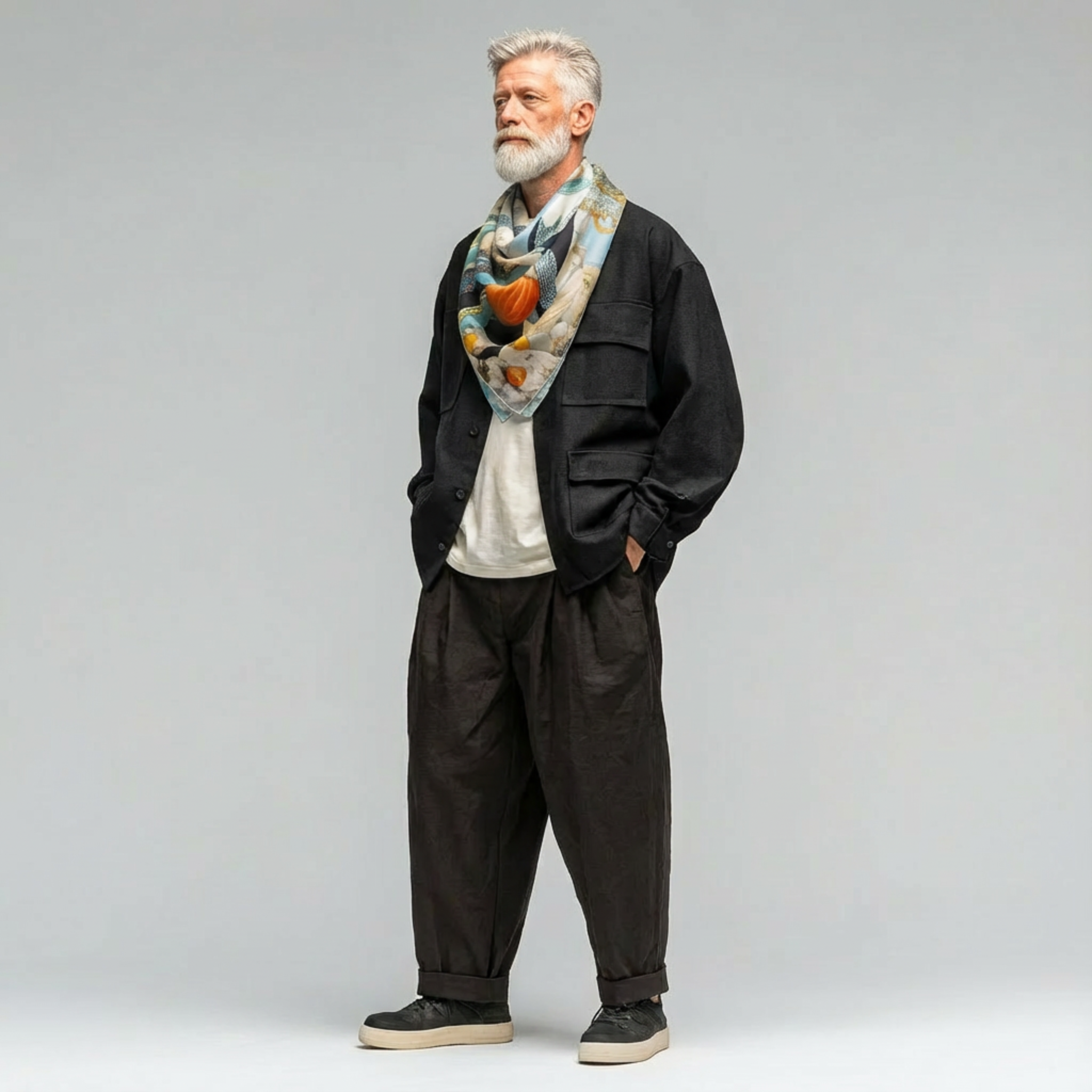 Mlle Ceinté Paris silk scarf, Renaissance style women figures print, surreal landscape beige and blue silk square, hand-rolled hem.