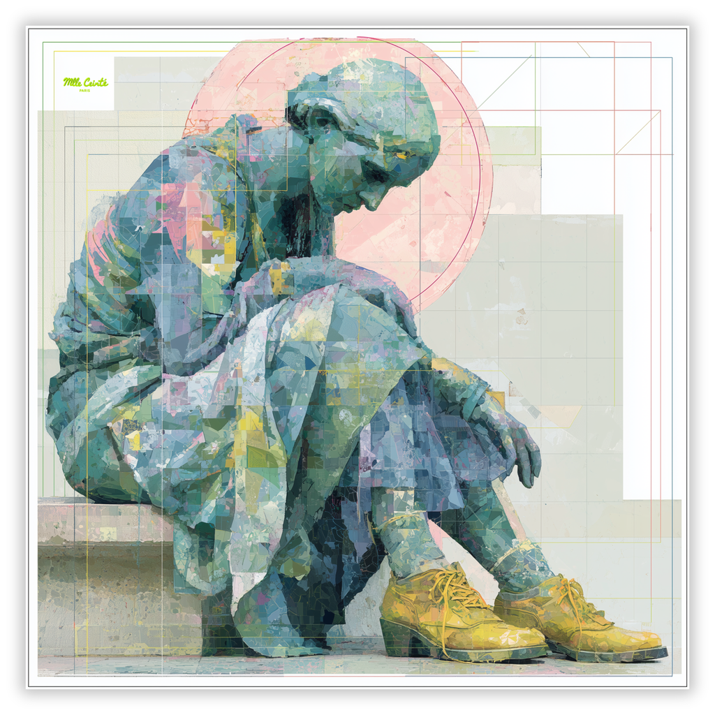 Mlle Ceinté silk scarf, seated blue mosaic sculpture figure wearing yellow boots, modern art design, architectural grid background.