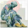 Mlle Ceinté silk scarf, seated blue mosaic sculpture figure wearing yellow boots, modern art design, architectural grid background.