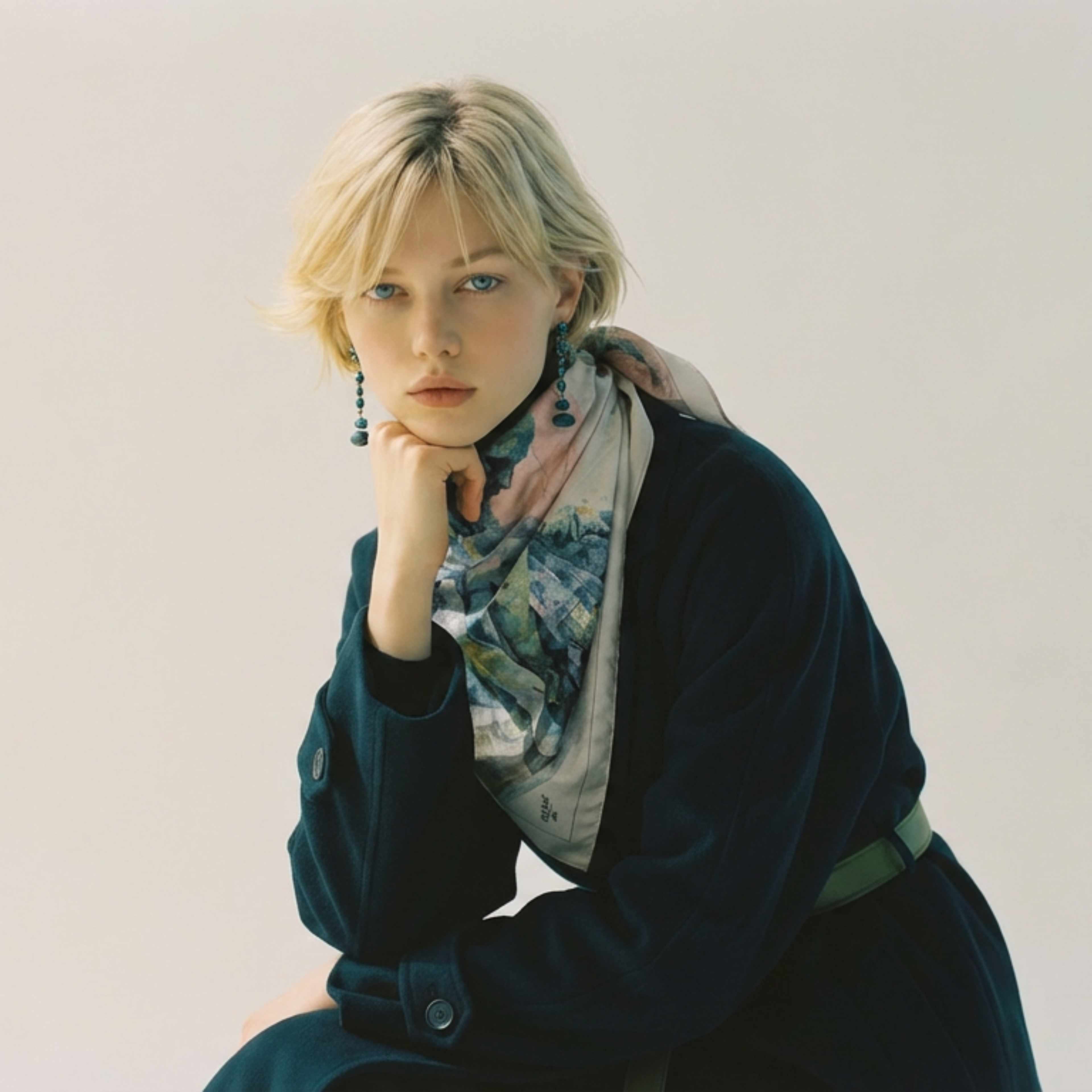 Mlle Ceinté silk scarf, seated blue mosaic sculpture figure wearing yellow boots, modern art design, architectural grid background.