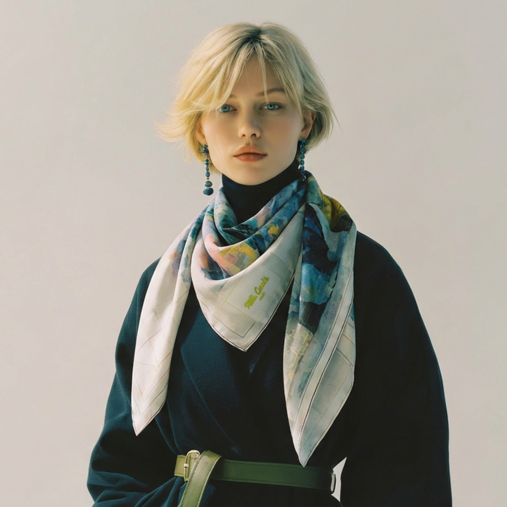 Mlle Ceinté silk scarf, seated blue mosaic sculpture figure wearing yellow boots, modern art design, architectural grid background.