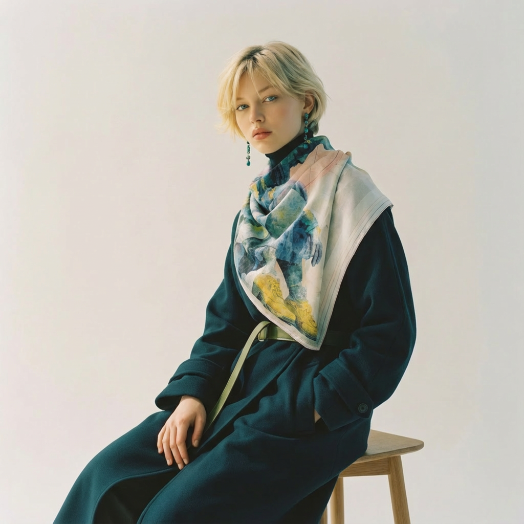 Mlle Ceinté silk scarf, seated blue mosaic sculpture figure wearing yellow boots, modern art design, architectural grid background.