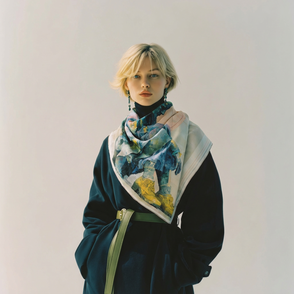 Mlle Ceinté silk scarf, seated blue mosaic sculpture figure wearing yellow boots, modern art design, architectural grid background.