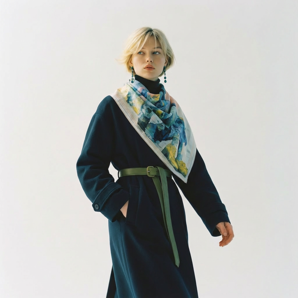 Mlle Ceinté silk scarf, seated blue mosaic sculpture figure wearing yellow boots, modern art design, architectural grid background.