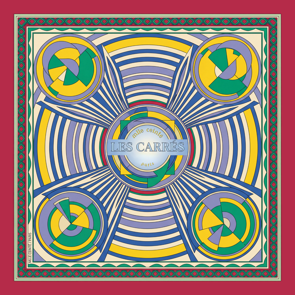 Mlle Ceinté Paris ipek eşarp, merkezden yayılan hipnotik çizgiler, sarı mavi ve yeşil geometrik daireler, kalın kırmızı bordürlü lüks şal. Mlle Ceinté Paris silk scarf, bold red border, hypnotic radiating lines with yellow, blue and green geometric circles, luxury square.