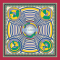 Mlle Ceinté Paris ipek eşarp, merkezden yayılan hipnotik çizgiler, sarı mavi ve yeşil geometrik daireler, kalın kırmızı bordürlü lüks şal. Mlle Ceinté Paris silk scarf, bold red border, hypnotic radiating lines with yellow, blue and green geometric circles, luxury square.