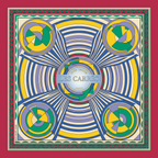 Mlle Ceinté Paris ipek eşarp, merkezden yayılan hipnotik çizgiler, sarı mavi ve yeşil geometrik daireler, kalın kırmızı bordürlü lüks şal. Mlle Ceinté Paris silk scarf, bold red border, hypnotic radiating lines with yellow, blue and green geometric circles, luxury square.