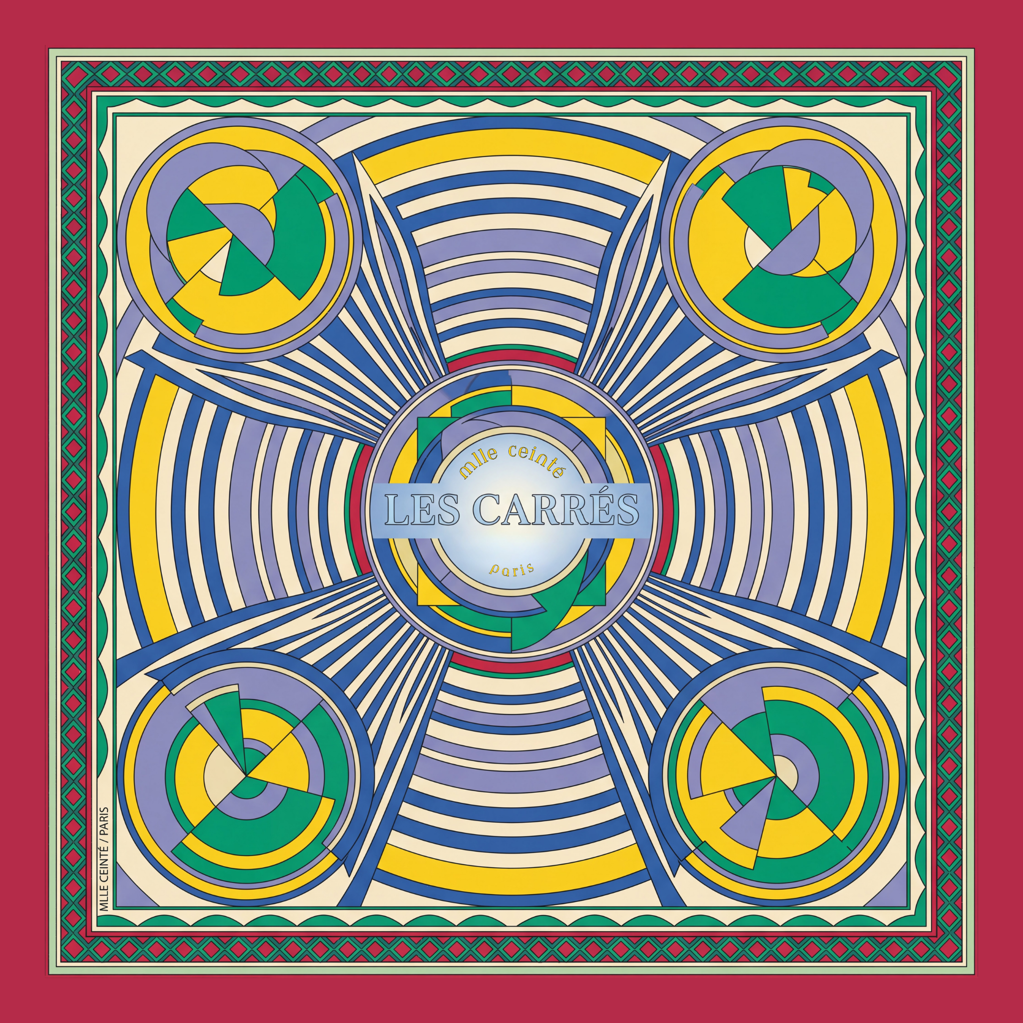 Mlle Ceinté Paris ipek eşarp, merkezden yayılan hipnotik çizgiler, sarı mavi ve yeşil geometrik daireler, kalın kırmızı bordürlü lüks şal. Mlle Ceinté Paris silk scarf, bold red border, hypnotic radiating lines with yellow, blue and green geometric circles, luxury square.