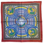 Mlle Ceinté Paris ipek eşarp, merkezden yayılan hipnotik çizgiler, sarı mavi ve yeşil geometrik daireler, kalın kırmızı bordürlü lüks şal. Mlle Ceinté Paris silk scarf, bold red border, hypnotic radiating lines with yellow, blue and green geometric circles, luxury square.