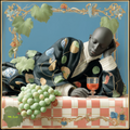 Mlle Ceinté Paris silk scarf, sleeping dark skinned figure, bunch of green grapes, peach checkered tablecloth, blue sky background surreal art.