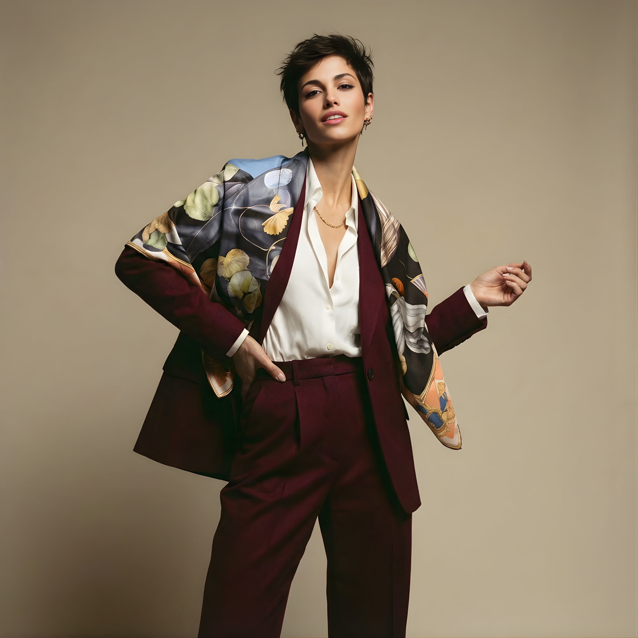 Mlle Ceinté Paris silk scarf, sleeping dark skinned figure, bunch of green grapes, peach checkered tablecloth, blue sky background surreal art.