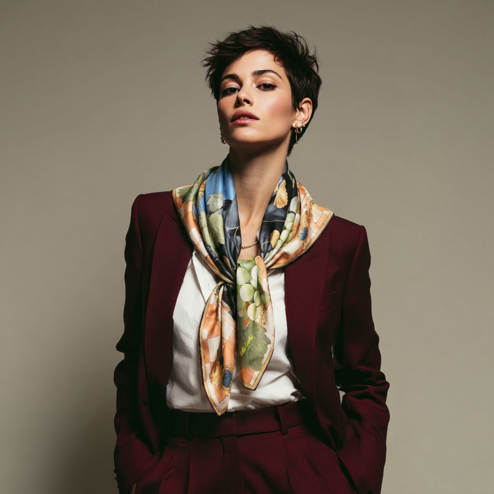 Mlle Ceinté Paris silk scarf, sleeping dark skinned figure, bunch of green grapes, peach checkered tablecloth, blue sky background surreal art.