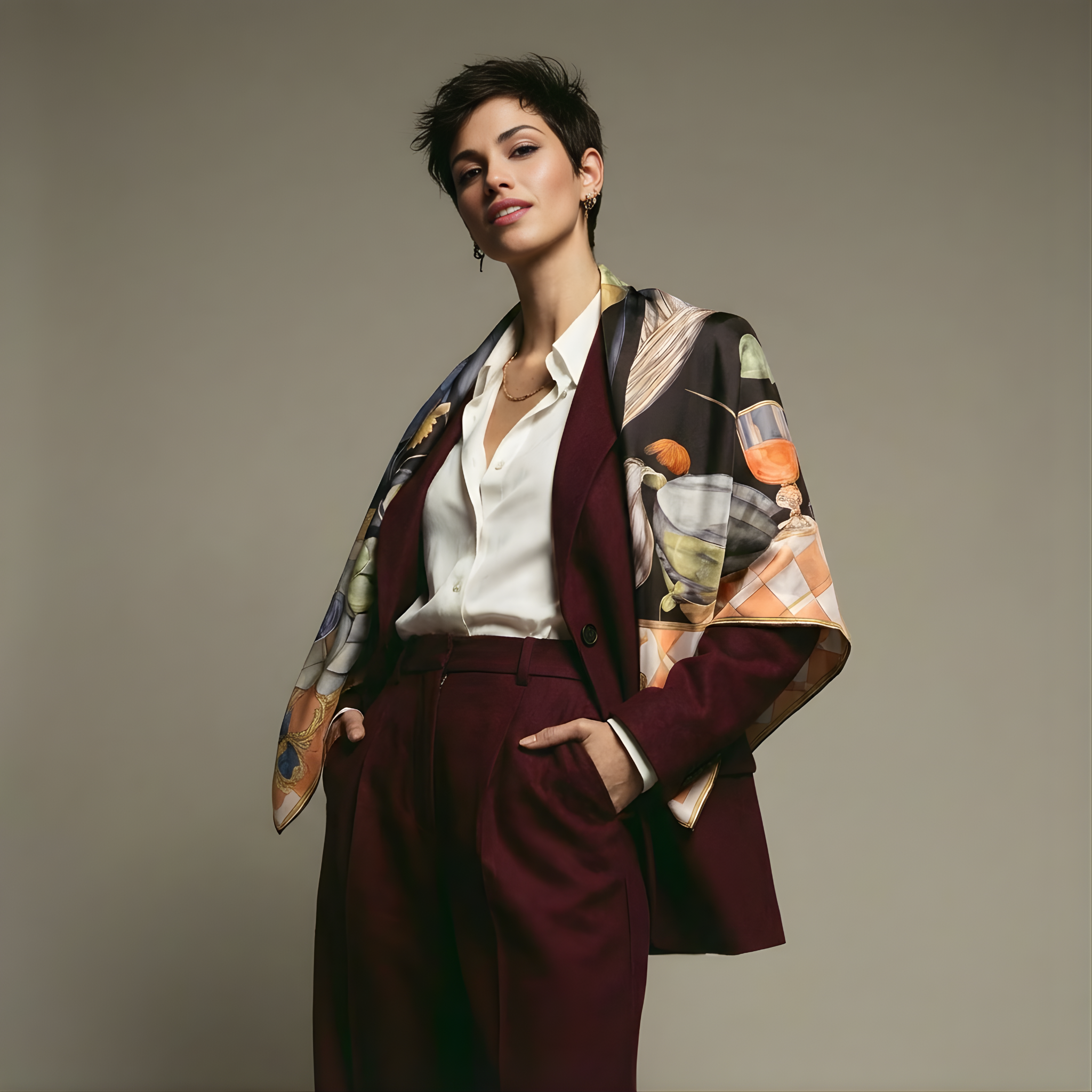 Mlle Ceinté Paris silk scarf, sleeping dark skinned figure, bunch of green grapes, peach checkered tablecloth, blue sky background surreal art.