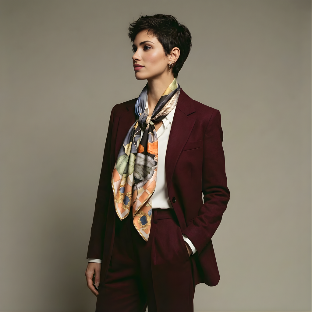 Mlle Ceinté Paris silk scarf, sleeping dark skinned figure, bunch of green grapes, peach checkered tablecloth, blue sky background surreal art.