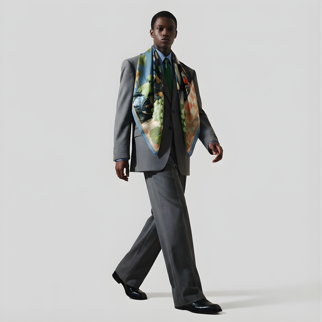 Mlle Ceinté Paris silk scarf, sleeping dark skinned figure, bunch of green grapes, peach checkered tablecloth, blue sky background surreal art.