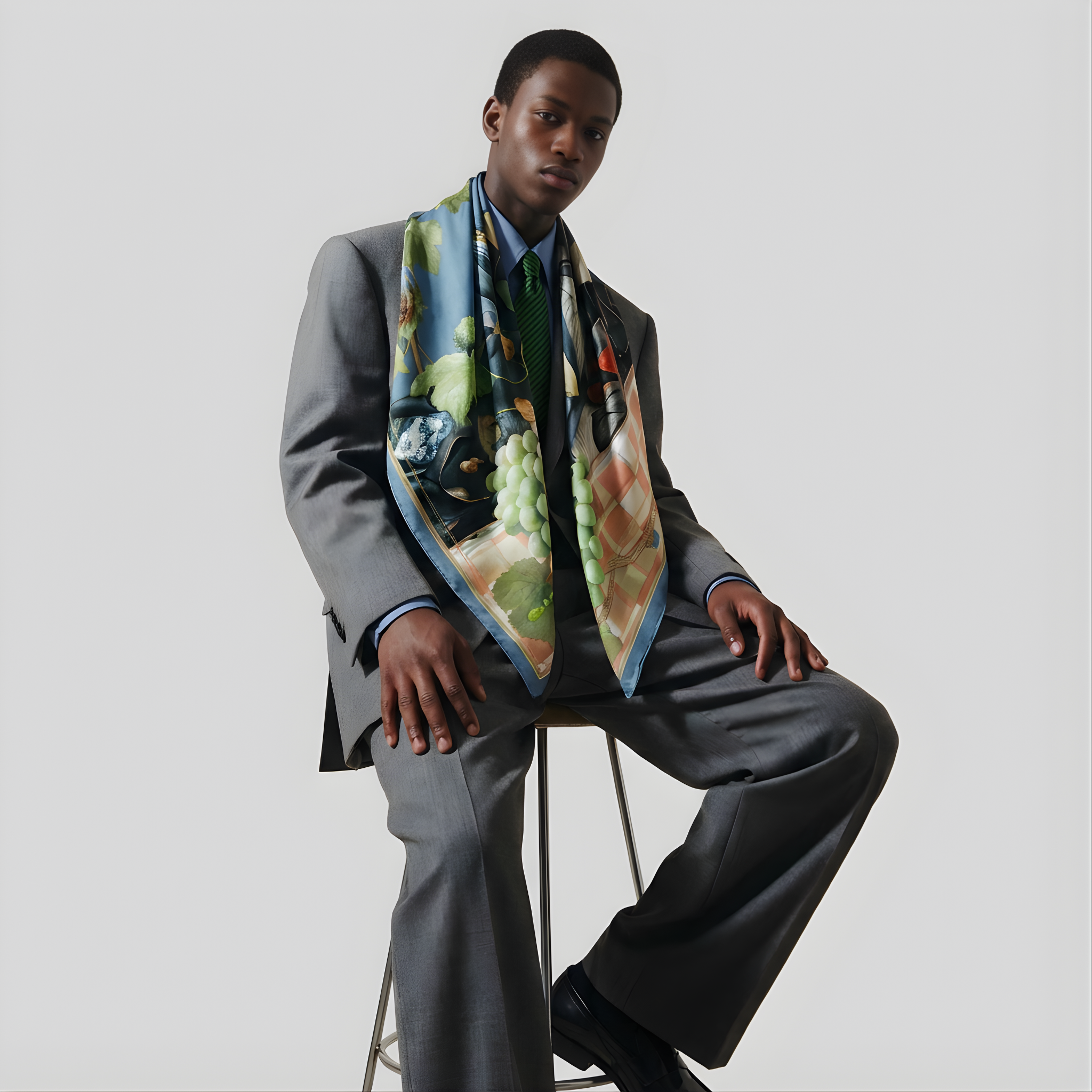 Mlle Ceinté Paris silk scarf, sleeping dark skinned figure, bunch of green grapes, peach checkered tablecloth, blue sky background surreal art.