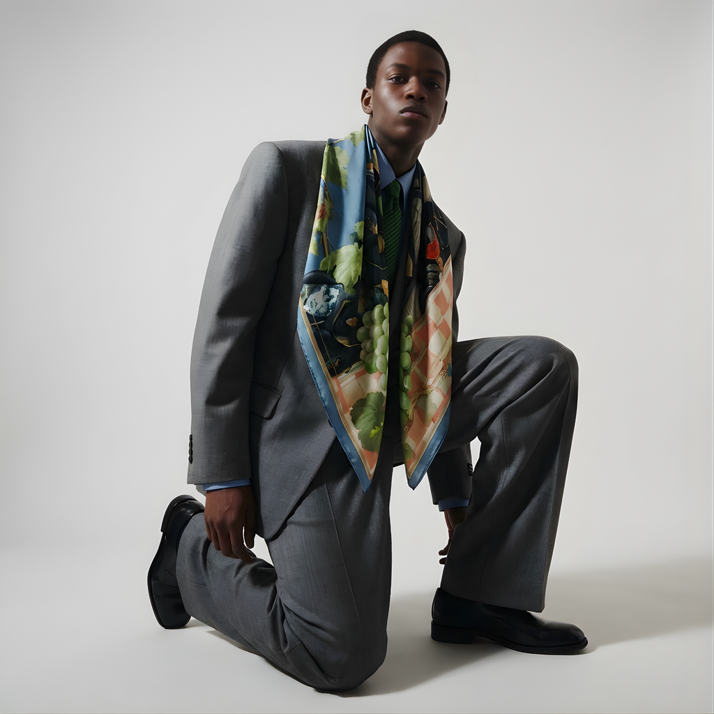 Mlle Ceinté Paris silk scarf, sleeping dark skinned figure, bunch of green grapes, peach checkered tablecloth, blue sky background surreal art.