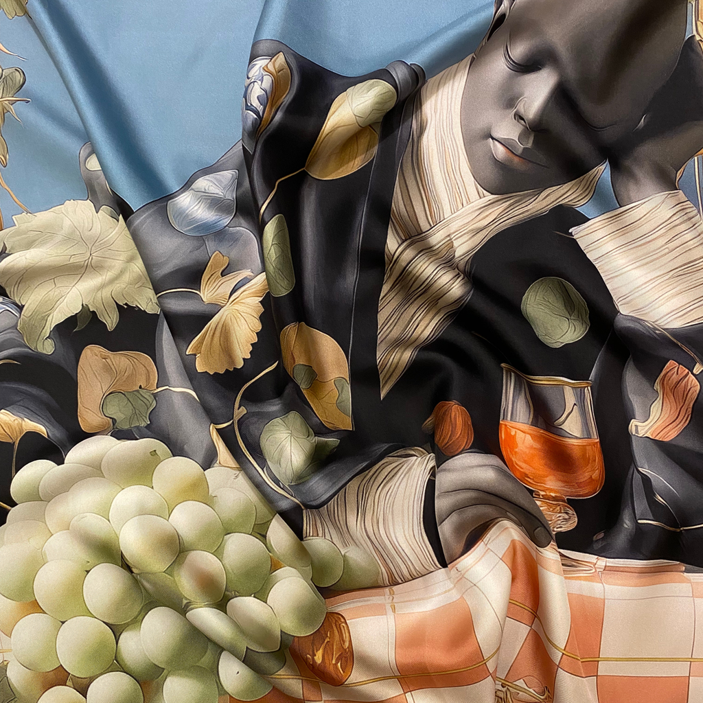 Mlle Ceinté Paris silk scarf, sleeping dark skinned figure, bunch of green grapes, peach checkered tablecloth, blue sky background surreal art.