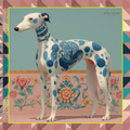 Mlle Ceinté Paris ipek eşarp, merkezde mavi beyaz porselen desenli aristokrat tazı figürü, pastel pembe zemin üzerinde romantik çiçekler ve neon yeşil şeritli lüks şal.
Mlle Ceinté Paris silk scarf, central aristocratic hound figure with blue and white porcelain pattern, surrounded by romantic flowers on a powder pink background with neon green border.