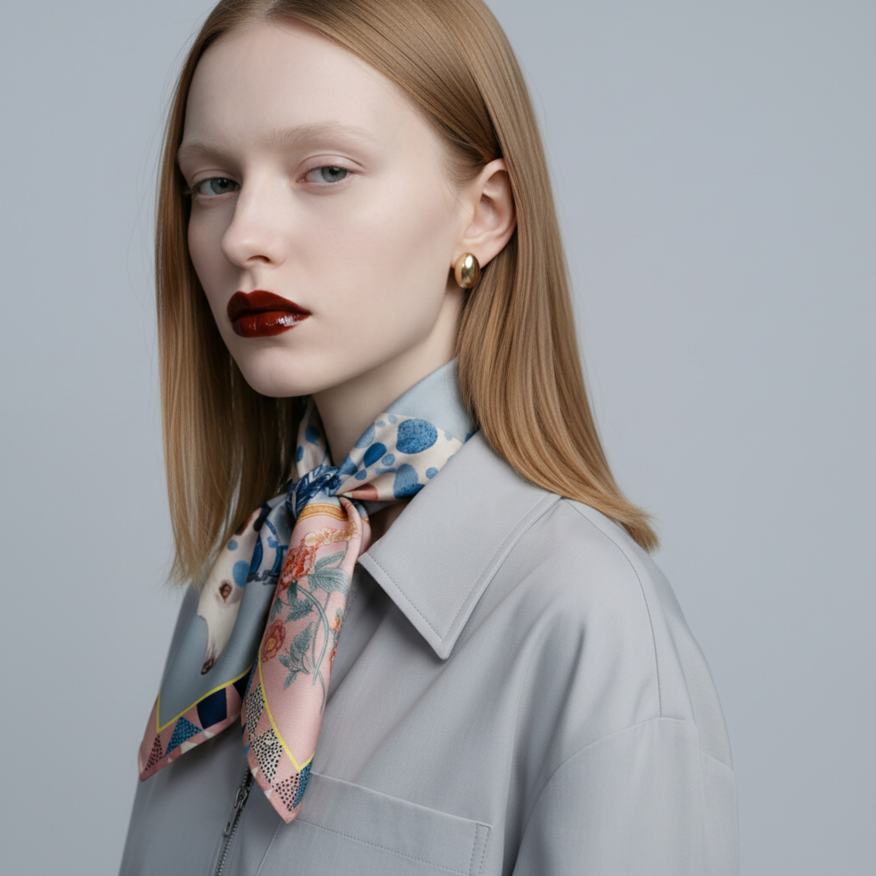 Mlle Ceinté Paris ipek eşarp, merkezde mavi beyaz porselen desenli aristokrat tazı figürü, pastel pembe zemin üzerinde romantik çiçekler ve neon yeşil şeritli lüks şal.
Mlle Ceinté Paris silk scarf, central aristocratic hound figure with blue and white porcelain pattern, surrounded by romantic flowers on a powder pink background with neon green border.