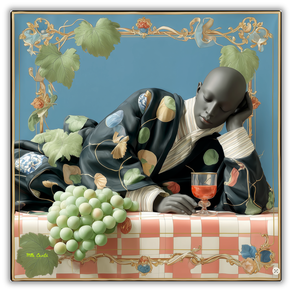Mlle Ceinté Paris silk scarf, sleeping dark skinned figure, bunch of green grapes, peach checkered tablecloth, blue sky background surreal art.