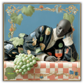 Mlle Ceinté Paris silk scarf, sleeping dark skinned figure, bunch of green grapes, peach checkered tablecloth, blue sky background surreal art.
