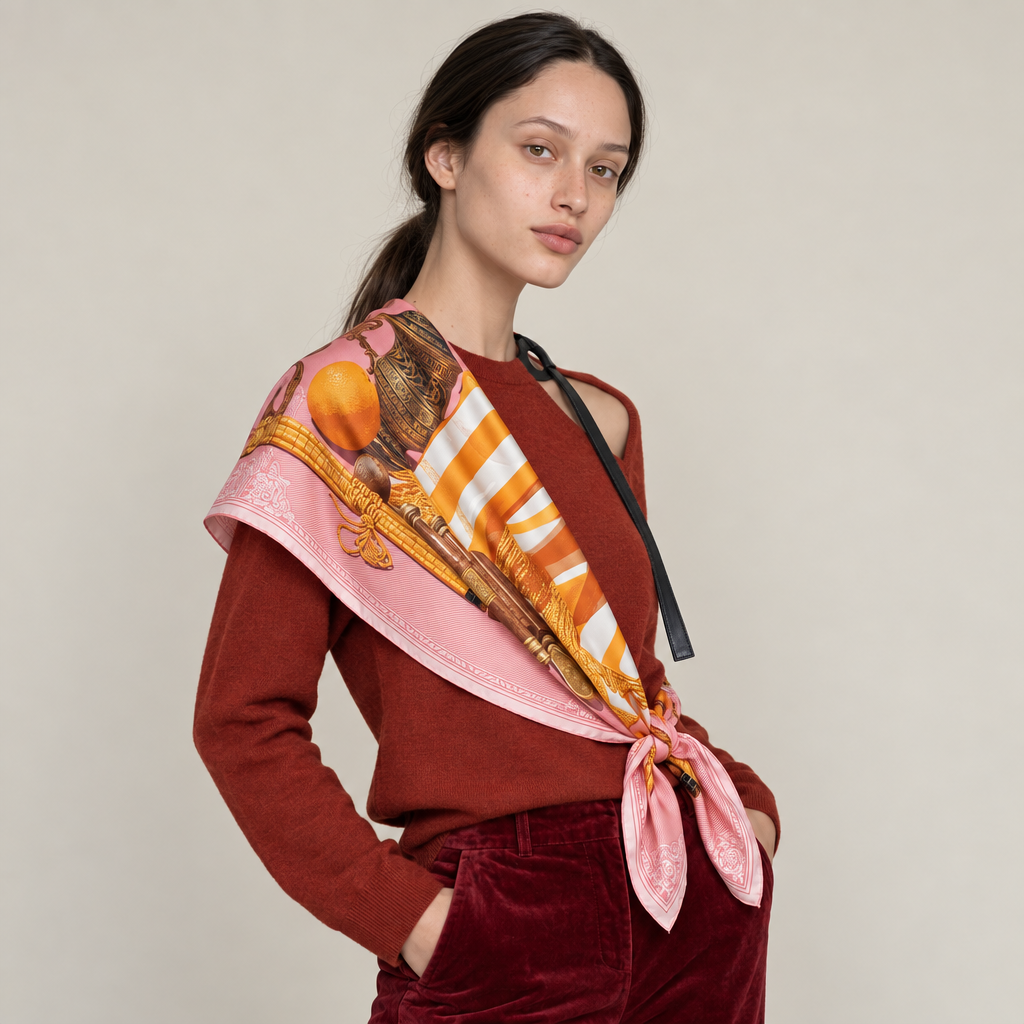 Gilded Citrus Tableau — 100% Pure 14mm Silk Twill Scarf | Mlle Ceinté
